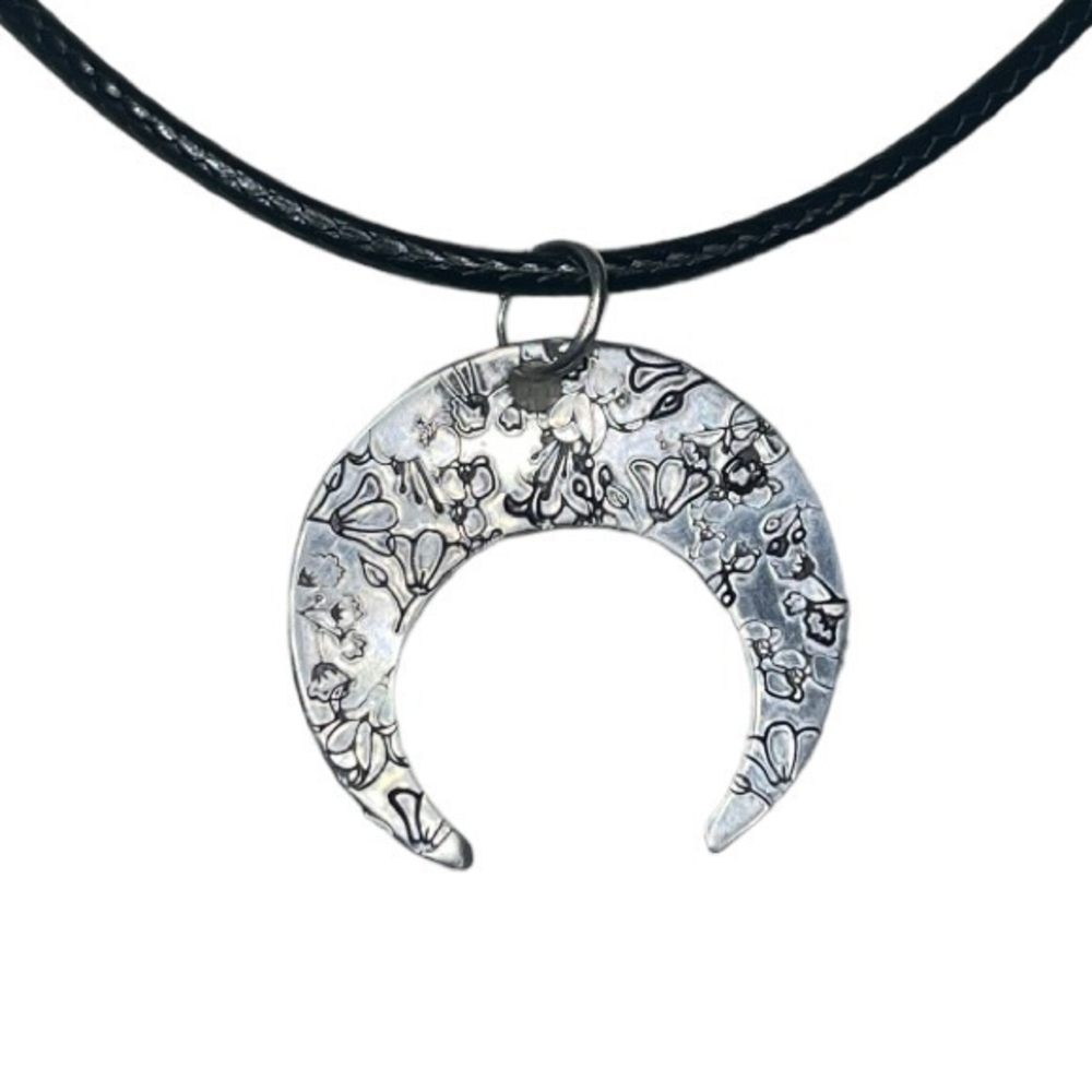Handmade stamped floral silver moon adjustable‎ Black leather cord necklace